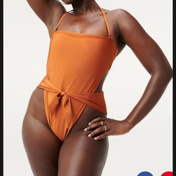 NWT good american bronze tie front one strapless piece swimsuit - Picture 1 of 5